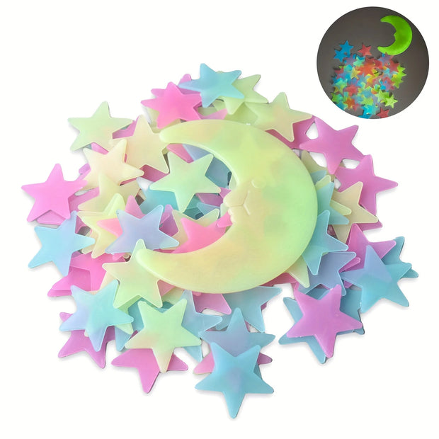 100Pcs Colorful Luminous Stars with 1pc Moon Wall Stickers for Bedroom 3D Luminous Stars Stickers Create Realistic Starry Sky