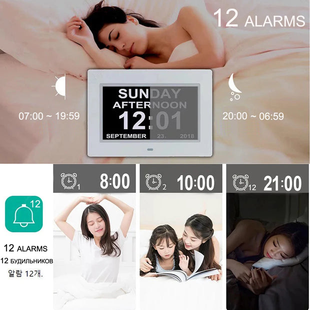 12 Alarms Digital LED Calendar Clock with Multi-Languages to display. Medicine Time Reminder for Elder.Home Desk Wall Decoration