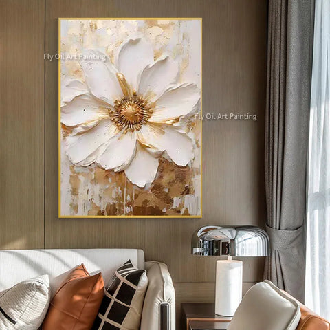 Special Abstract White Flower Knife Thick Oil Painting On Canvas Handmade Gold Foil Luxury Flower Floral Wall Art Room Decor