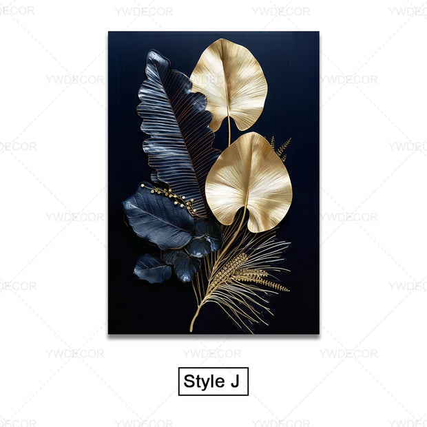 Luxury Black Golden Plant Leaf Canvas Poster Print Modern Home Abstract Wall Art Painting Living Room Decor Gift