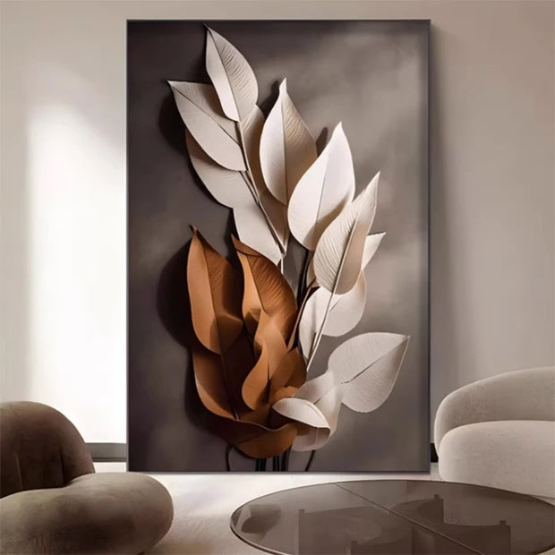 Wabi-Sabi-Nordic Light Painting, Luxury Flower Leaf Wall Art, Canvas Painting, Living Room, Home Decor