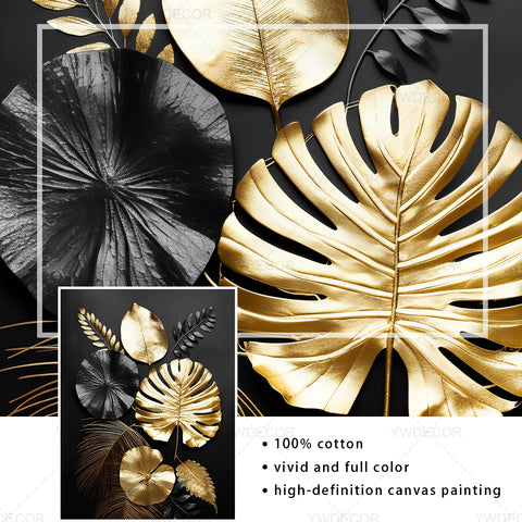 Luxury Black Golden Plant Leaf Canvas Poster Print Modern Home Abstract Wall Art Painting Living Room Decor Gift