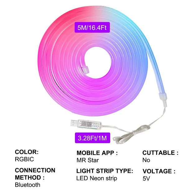 Smart WIFI Neon LED Strip Light USB 5V RGBIC Dreamcolor Chasing Neon LED Tape Light Room Decor Work with Alexa Google Assistant