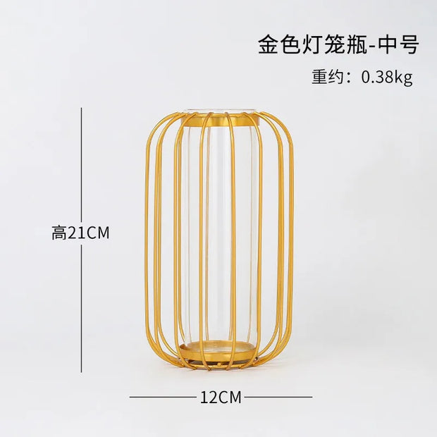 Nordic Simple Golden Glass Vase Hydroponic Plant Flower Vase Iron Geometric Glass Test Tube Metal Plant Holder Modern Home Decor