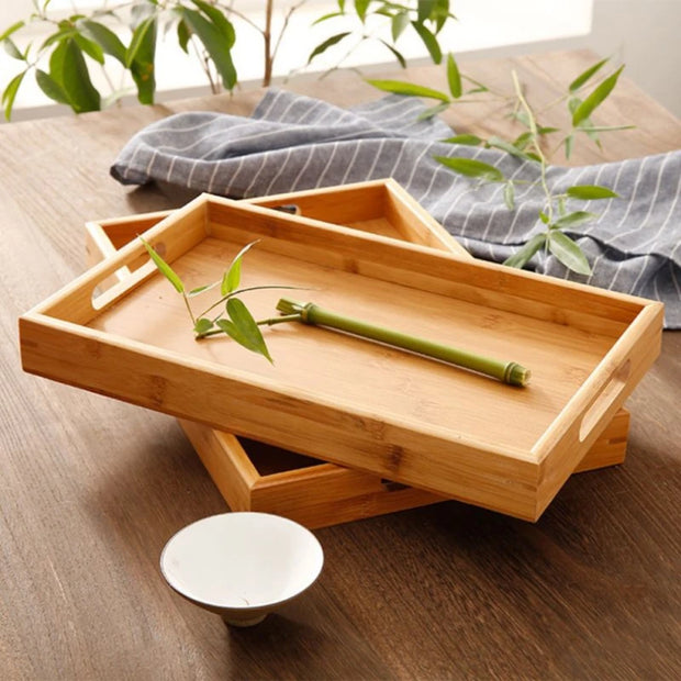 Wide Bamboo Organizer Tray Storage Bin with Handles for Cutlery Serving Spoons Cooking Utensils Teapot Teacup