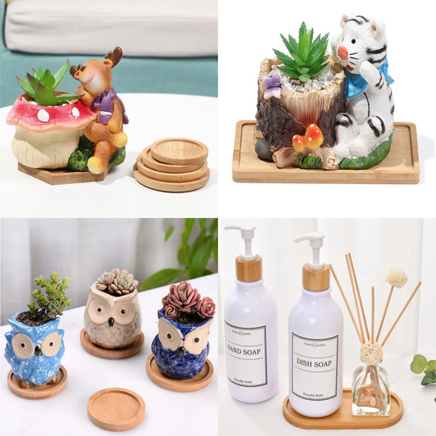 Tray Bamboo Wood Flower Pots Anti-Fade Round Square Creative Planters Holder Home Decor Mini Stand Favor Succulent Garden Supply