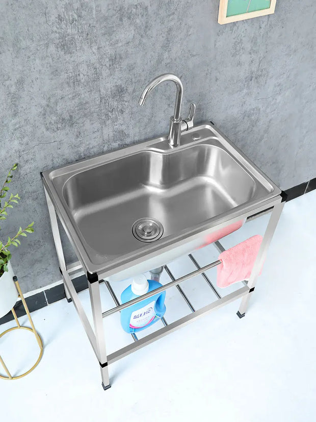 Free Stand High-End Fabricated 100% Stainless Steel 304 Wash Basin Kitchen Sink with Bracket