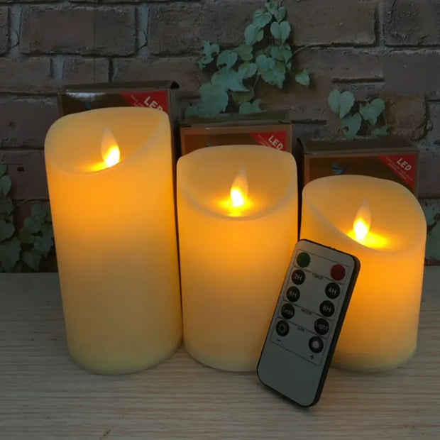 Pack of 3 Remote Control Moving Wick LED Decorative Candles , Battery Dancing Wedding Pillar Candles With Realistic Flame