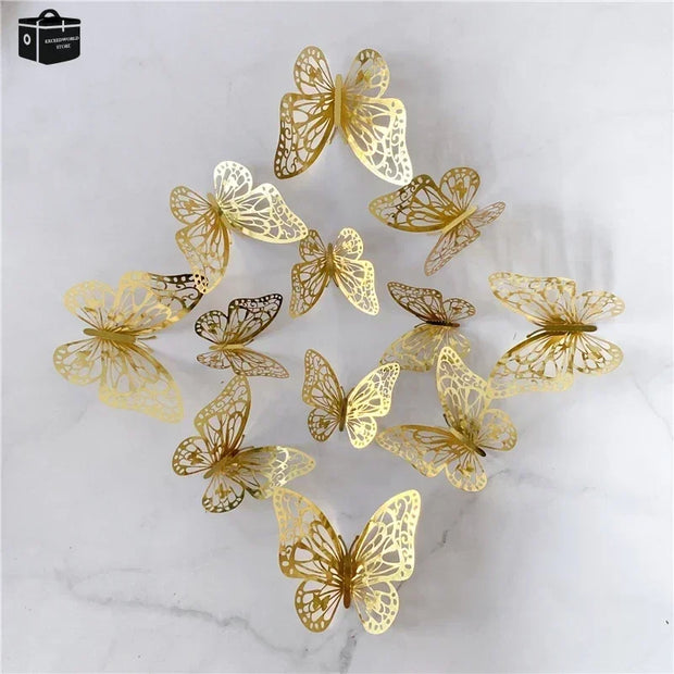 12Pcs/Set 3D Hollow Butterfly Wall Sticker Gold Silver Rose Butterflies Decal Sticker for Wedding Birthday Party Home Decoration