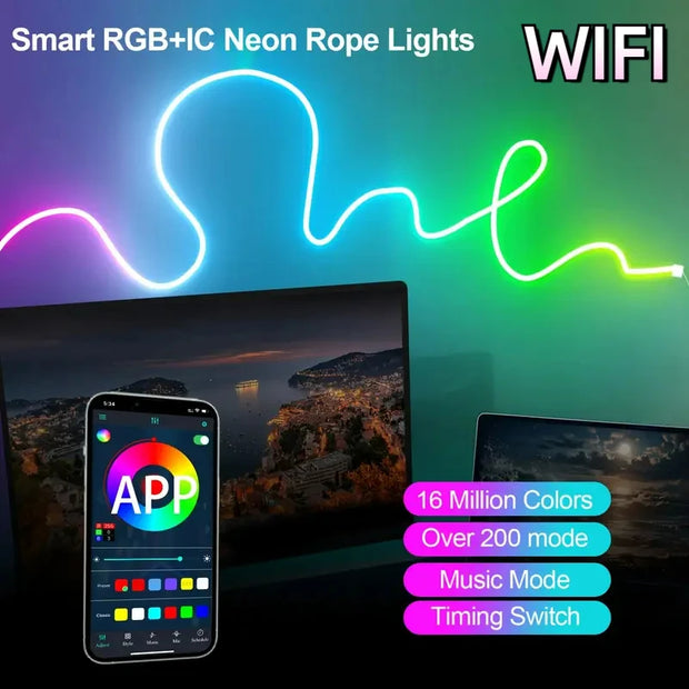 Smart WIFI Neon LED Strip Light USB 5V RGBIC Dreamcolor Chasing Neon LED Tape Light Room Decor Work with Alexa Google Assistant