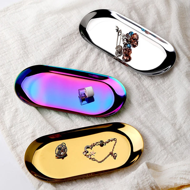 Korean Style Stainless Steel Storage Tray Dessert Plate Nut Fruit Cake Tray Tea Tray Desktop Cosmetic Jewelry Tray