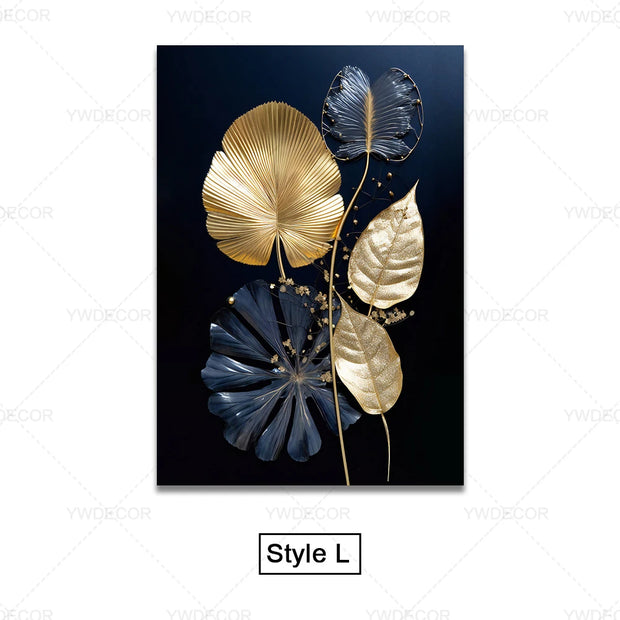 Luxury Black Golden Plant Leaf Canvas Poster Print Modern Home Abstract Wall Art Painting Living Room Decor Gift