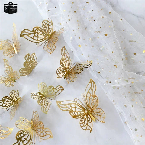 12Pcs/Set 3D Hollow Butterfly Wall Sticker Gold Silver Rose Butterflies Decal Sticker for Wedding Birthday Party Home Decoration