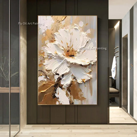 Special Abstract White Flower Knife Thick Oil Painting On Canvas Handmade Gold Foil Luxury Flower Floral Wall Art Room Decor