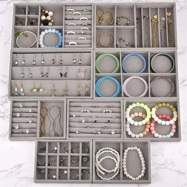 Jiayiqi Velvet Tray Case Jewelry Display Stackable Exquisite Jewellery Holder Portable Ring Earrings Necklace Organizer Box