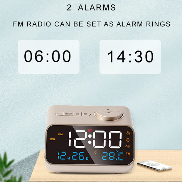 Mordern FM Radio LED Alarm Clock for Bedside Wake Up. Digital Table Calendar with Temperature Thermometer Humidity Hygrometer.