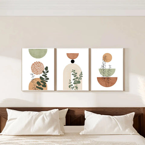 3pcs Modern Boho Abstract Shape Plant Poster Print Mid Century Bohemian Style Geometry Botanical Art Painting Wall Decor Picture