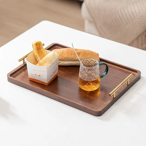 HeMu-Right Angled Bamboo Tray Handle, New Chinese Tea Set Bamboo Hotel Small Tea Tray Wooden Family Breakfast Tray Metal Handle