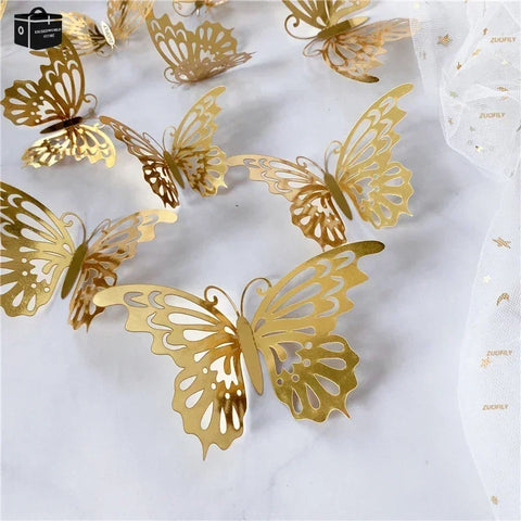 12Pcs/Set 3D Hollow Butterfly Wall Sticker Gold Silver Rose Butterflies Decal Sticker for Wedding Birthday Party Home Decoration