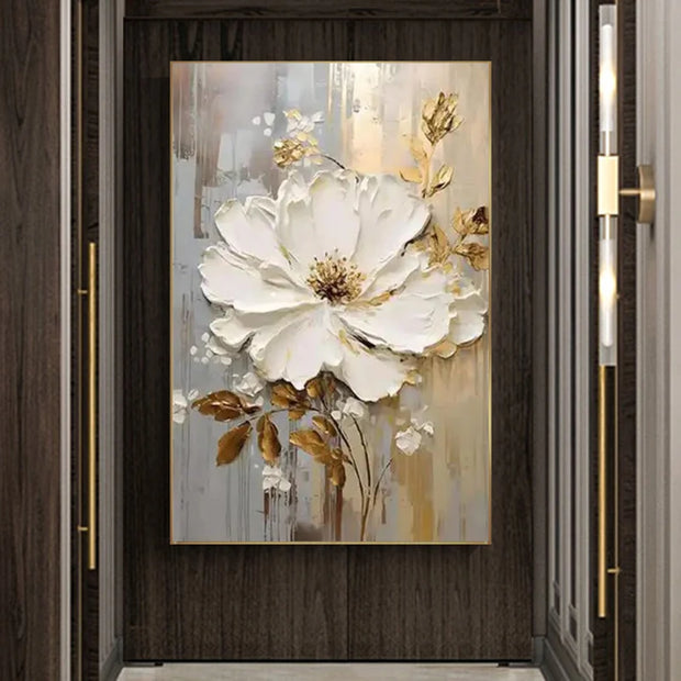 Special Abstract White Flower Knife Thick Oil Painting On Canvas Handmade Gold Foil Luxury Flower Floral Wall Art Room Decor