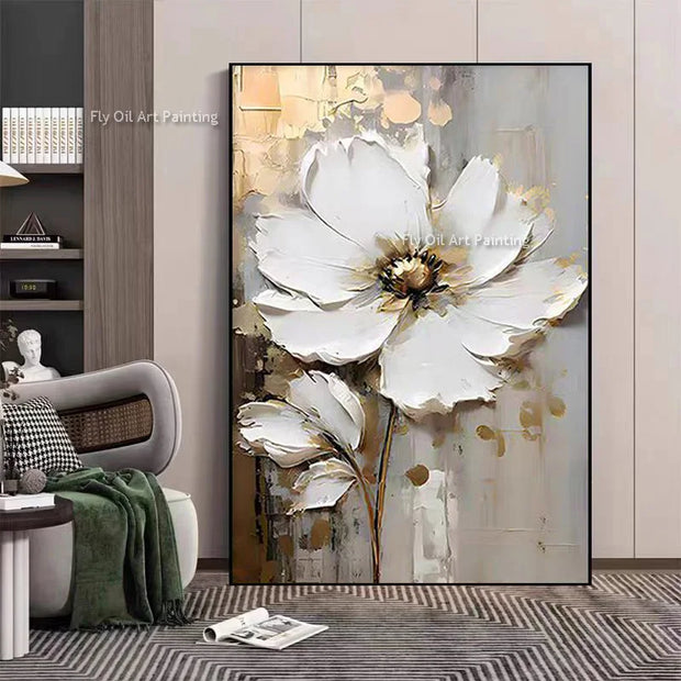 Special Abstract White Flower Knife Thick Oil Painting On Canvas Handmade Gold Foil Luxury Flower Floral Wall Art Room Decor