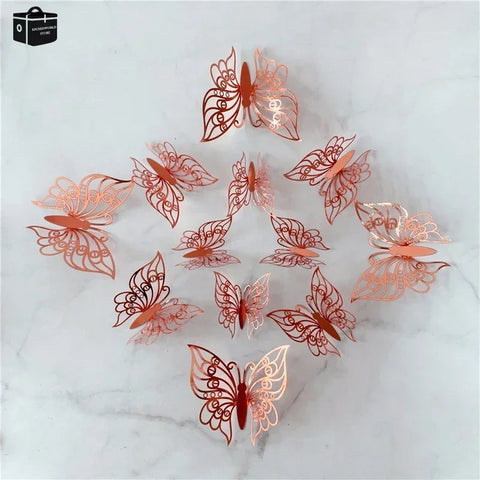 12Pcs/Set 3D Hollow Butterfly Wall Sticker Gold Silver Rose Butterflies Decal Sticker for Wedding Birthday Party Home Decoration