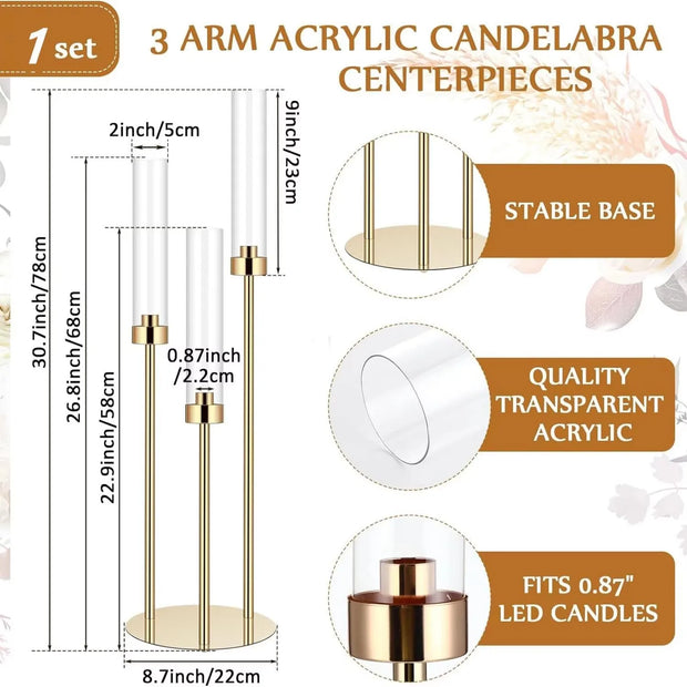 1 Set Acrylic Candelabra Centerpiece 30.7 Gold Candle Holder 3 Arm Pillar Taper Candlesticks with Acrylic   Fit 0.87 LED Candle