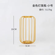 Nordic Simple Golden Glass Vase Hydroponic Plant Flower Vase Iron Geometric Glass Test Tube Metal Plant Holder Modern Home Decor