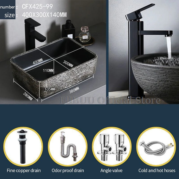 Ceramic Bathroom Vessel Sink Bowl Above Counter Art Single Sink Drain Lavatory Wash Hand Basin Household Countertop Wash Basin