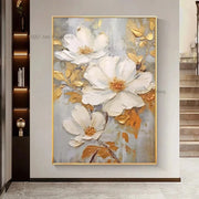 Special Abstract White Flower Knife Thick Oil Painting On Canvas Handmade Gold Foil Luxury Flower Floral Wall Art Room Decor