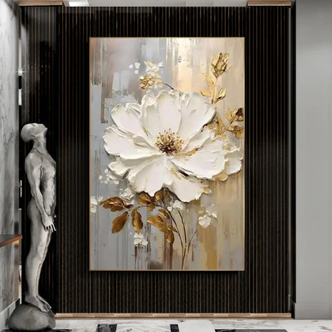 Special Abstract White Flower Knife Thick Oil Painting On Canvas Handmade Gold Foil Luxury Flower Floral Wall Art Room Decor