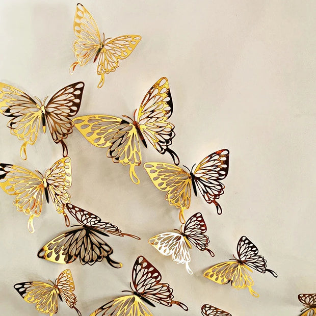 12Pcs/Lot 3D Hollow Rainbow Golden Silver Butterfly Wall Stickers Art Home Decorations Wall Decals For Party Wedding