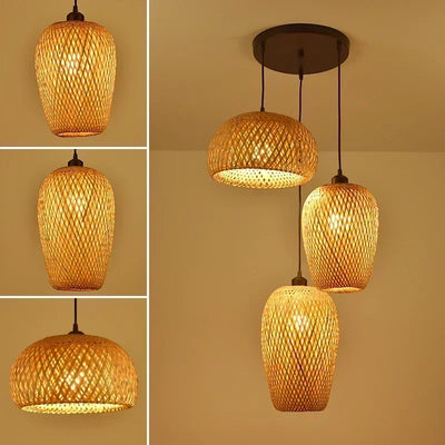 Bamboo Lampshade Led Pendant Lamp Natural Rattan Wicker Ceiling Chandeliers Hand Woven E27 Lighting Fixtures Hanging Light