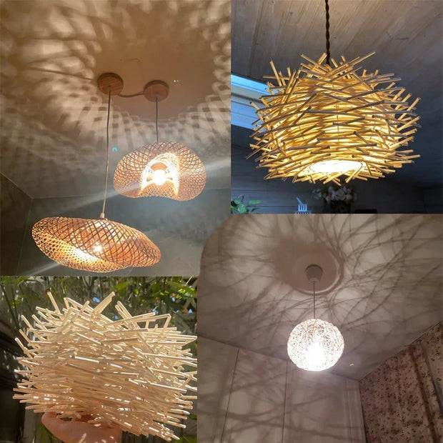 Rattan Wicker Bamboo Wood Pendant Light Ceiling Lustre Chandelier Hanging Lamp Hand Knitted Braided Home Living Bed Room Decor