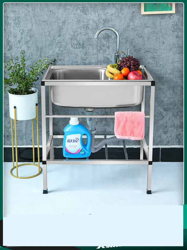 Free Stand High-End Fabricated 100% Stainless Steel 304 Wash Basin Kitchen Sink with Bracket