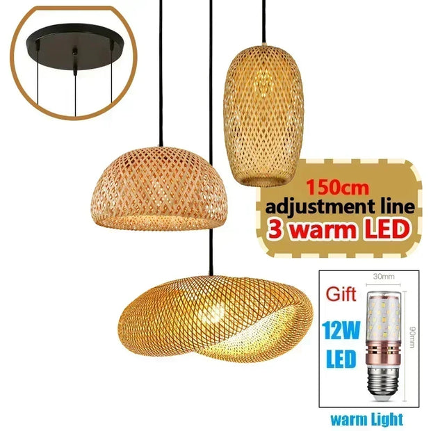 Bamboo Lampshade Led Pendant Lamp Natural Rattan Wicker Ceiling Chandeliers Hand Woven E27 Lighting Fixtures Hanging Light