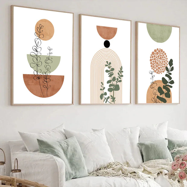 3pcs Modern Boho Abstract Shape Plant Poster Print Mid Century Bohemian Style Geometry Botanical Art Painting Wall Decor Picture