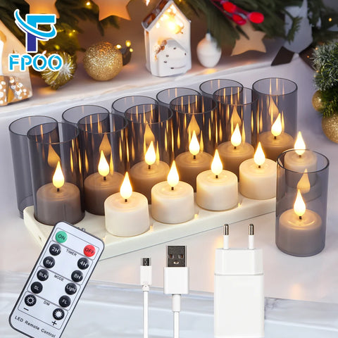 6/12Pcs LED Candle Light Timer Rechargeable Flashing Flameless Candle Lamp Tea Lights With Black Cups For Home Decoration Candle