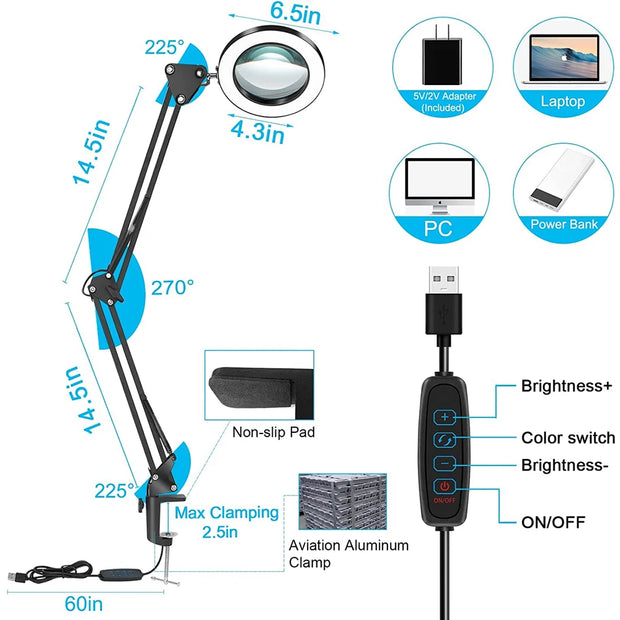 5X Magnifying Glass with Light 2-in-1 LED Lighted Magnifier 3 Color Modes Stepless Dimmable Hands Free Magnifying Desk Lamp