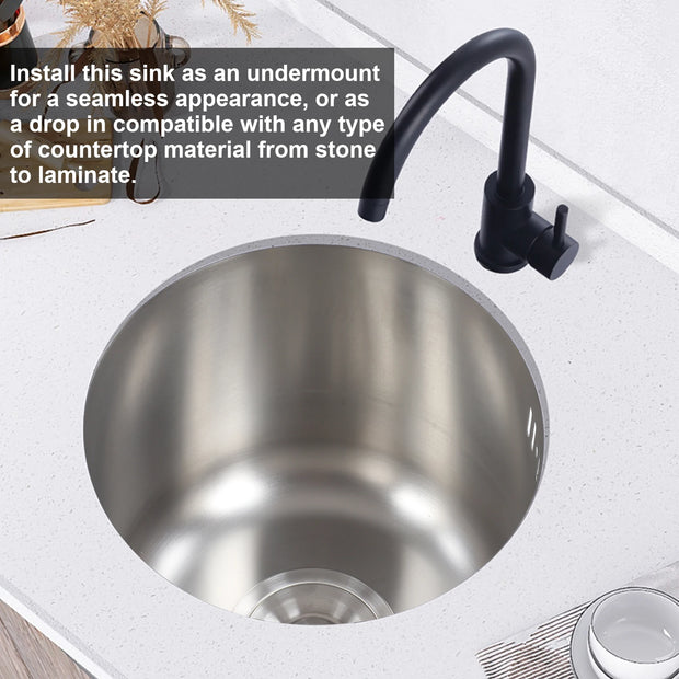 Mini Round Kitchen Sink Stainless Steel Bar Round Basin with Drainpipe Fitting 30cm Diameter