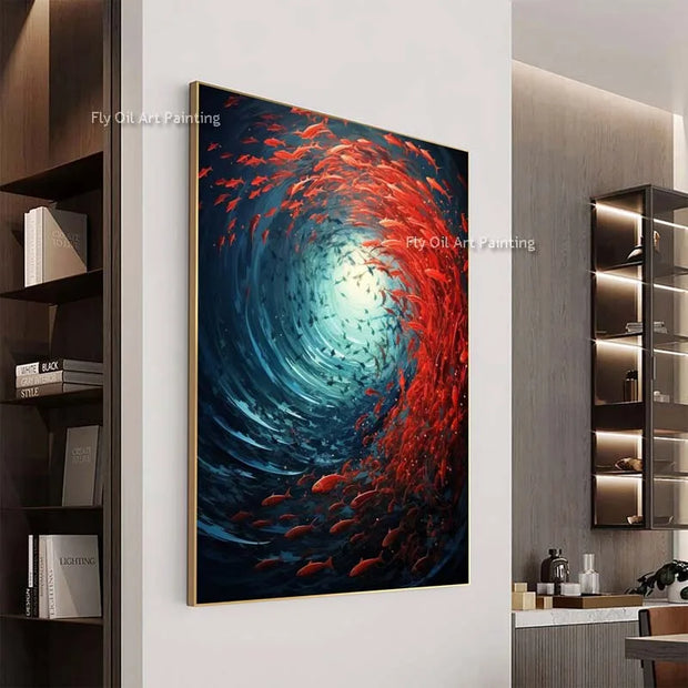 Mysterious Underwater Abstract Oil Painting Red Fish Swim In Crowds Original Design Canvas Wall Art  Handmade Abstarct Artwork