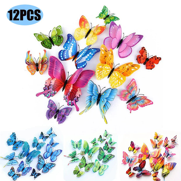 12pcs 3D Double Layer Butterflies Wall Stickers Living Room Decor Wedding Kids Room Decoration DIY Wall Art Magnet Stickers