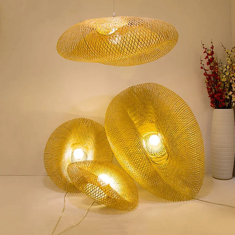 Japanese Design Bamboo Birds Nest Chandelier Hand-woven Personality Wave Hat Creative Hot Pot Restaurant Hotel Pendants Lamps