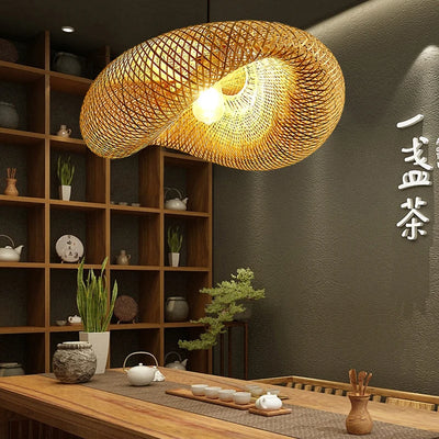 ZK20 Bamboo Weaving Chandelier Lamp 60/50/40cm Hanging LED Ceiling Light Pendant Lamp Fixtures Rattan Woven Home Bedroom Decors