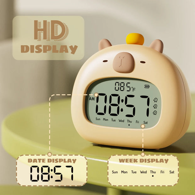 Bedside LED Clock Kids Alarm Clock Children's Sleep Trainier Temperature Display With Rechargeable Control Digital Cute Capybara