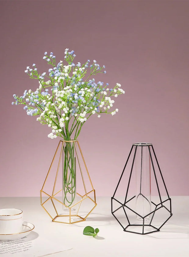 Nordic Simple Golden Glass Vase Hydroponic Plant Flower Vase Iron Geometric Glass Test Tube Metal Plant Holder Modern Home Decor