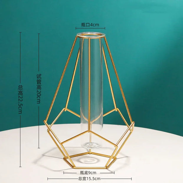 Nordic Simple Golden Glass Vase Hydroponic Plant Flower Vase Iron Geometric Glass Test Tube Metal Plant Holder Modern Home Decor