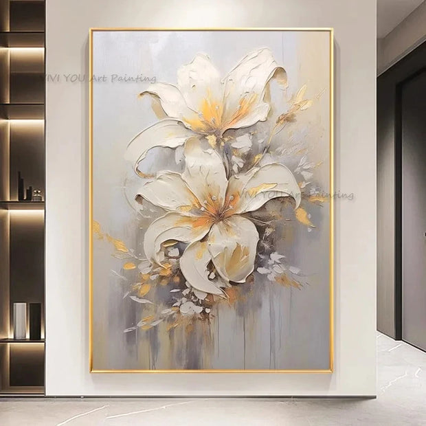 Special Abstract White Flower Knife Thick Oil Painting On Canvas Handmade Gold Foil Luxury Flower Floral Wall Art Room Decor