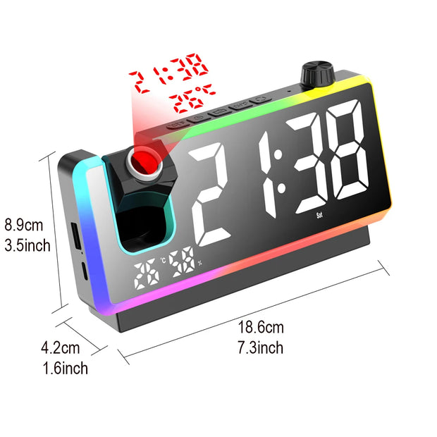 180° Arm Projection LED Digital Alarm Clock Dynamic RGB Night Light Table Watch Electronic Bedside Desk Clock Temperature